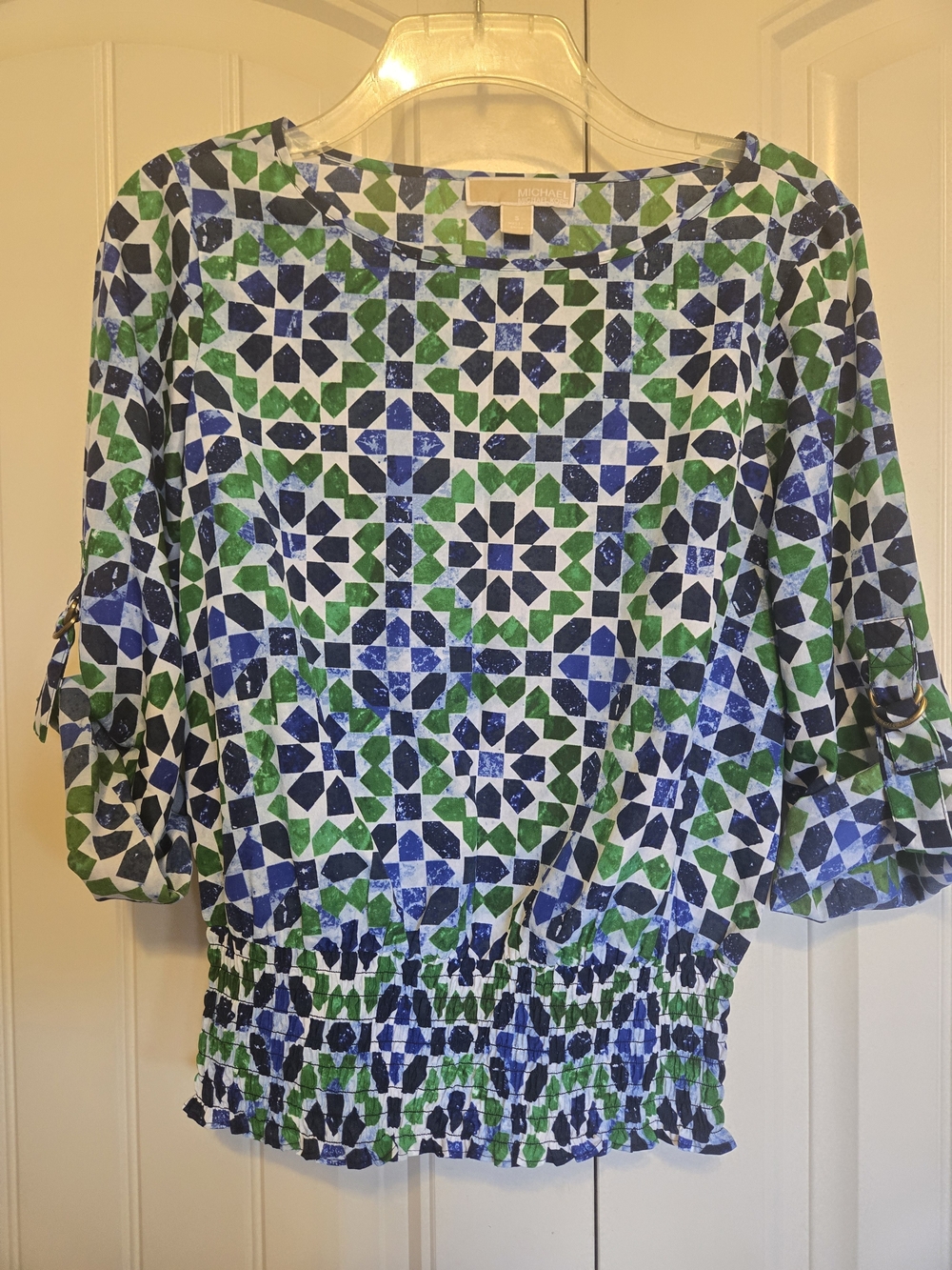 Michael Kors Green & Blue Geometric Peasant Top
